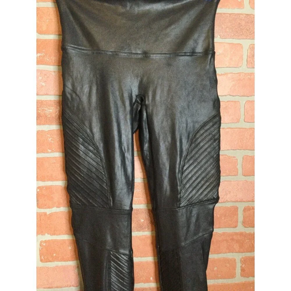 SPANX Womens Leggings Size XL Black Moto Shiny Stretchy Slimming
